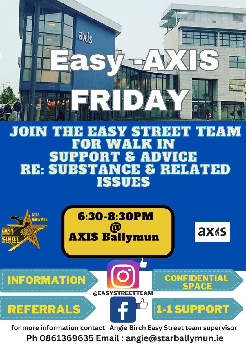 Join staff from the Easy Street Team; Star Project Ballymun for walk-in support and advice regarding to substance use and related issues.  

Axis building, Friday evenings from 6:30pm-8:30pm 

See the poster below for more information. 🌟