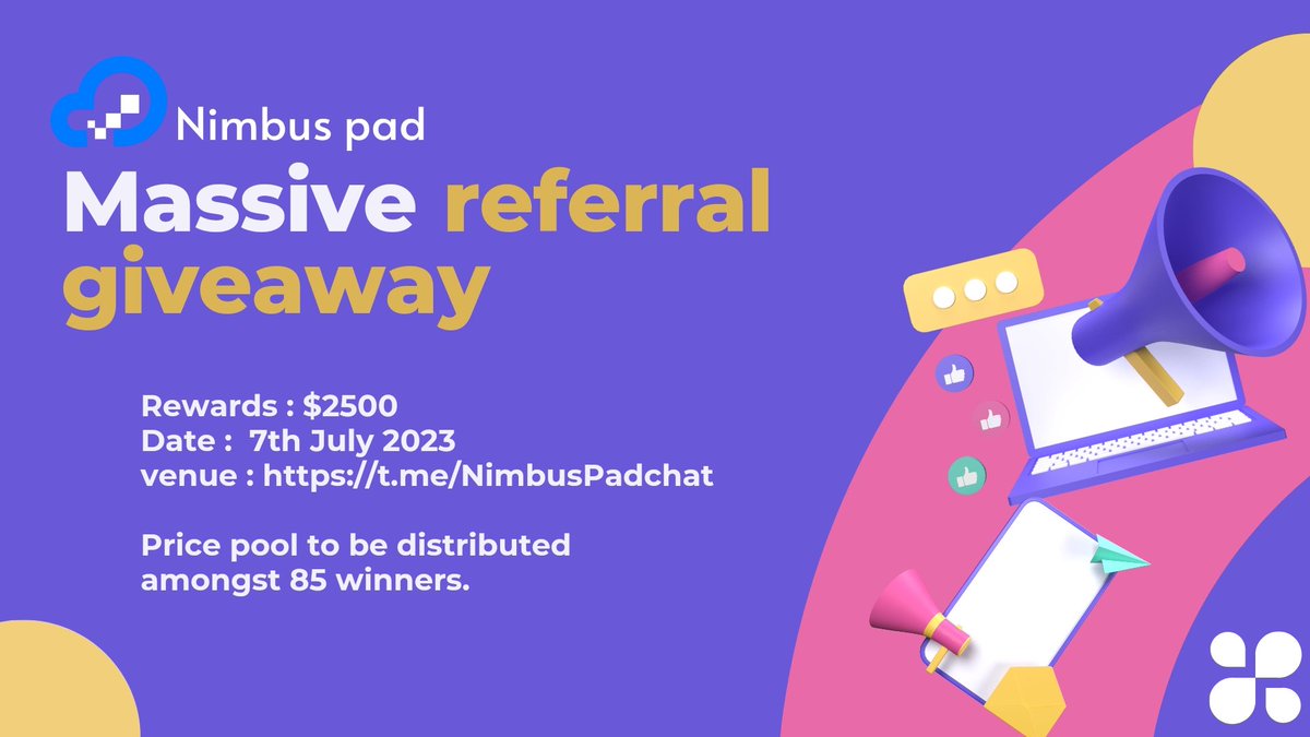 📢We are thrilled to organise a referral giveaway event to celebrate the launch of Nimbus launched platform.🚀

🔥Don't  miss out on this massive opportunity to earn awesome rewards!😎

Check out our telegram announcement for further details: t.me/NimbusPadchat/…