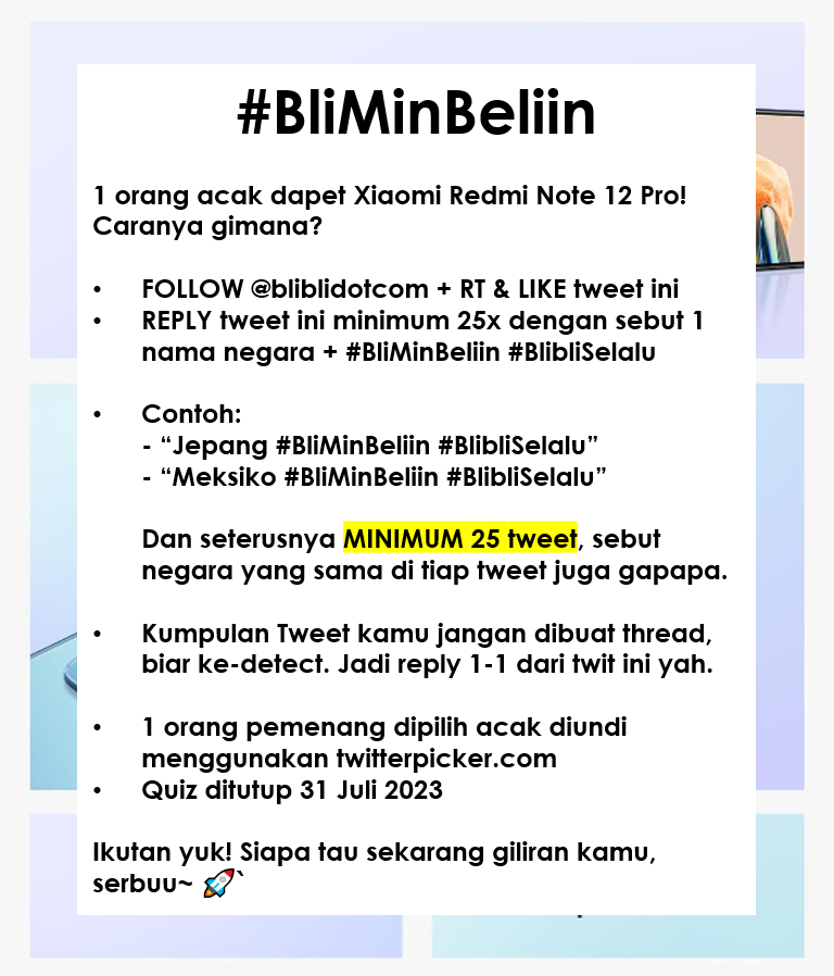Mau #BliMinBeliin Xiaomi Redmi Note 12 Pro ✨𝒈𝒓𝒂𝒕𝒊𝒔✨?

Yuuk cek gambar untuk caranya, semoga rejeki kamu yaaa!  🔥

#BlibliSelalu 🚀