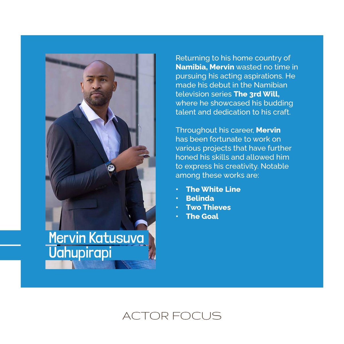 Namibia_F_C's tweet image. We are pleased to inform you that Mervin Uahupirapi aka Cheeze is our #actorfocus for the month of July. 🎬

Which role do you recognize? Comment below. ✨

#nambiafilmcommission #namibianfilm #namibianstories #namibianactors #July