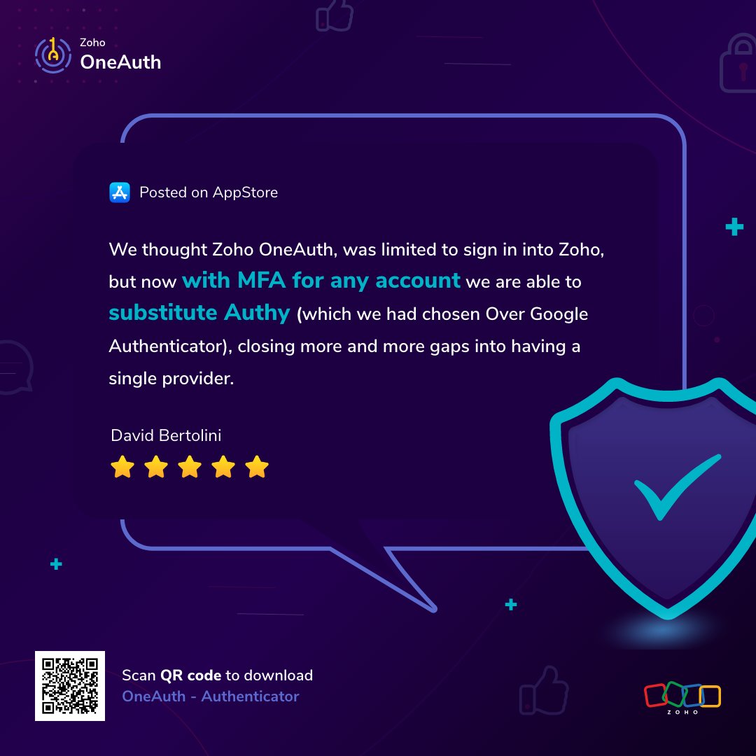 ZohoOneAuth's tweet photo. #AccountsOfAuthentication
📱MFA for work accounts or personal accounts?

🧑‍💻Get yourself an authenticator app that can do both!

See what one of our users had to say. 
⭐️⭐️⭐️⭐️⭐️
#testimonial #MFA #OneAuth #zoho https://t.co/EmLt5A2Pe7