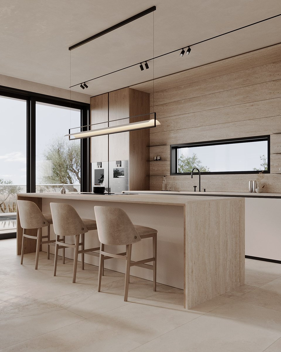 SenceArchitects's tweet photo. 02/ The travertine stone adorning the kitchen worktop and apron, as well as the elegant porcelain stoneware tiles on the floor, exemplify this connection. The choice of natural wood for the facades adds warmth and character to the overall design. #interiordesign #architecture https://t.co/wi8QzbERsE