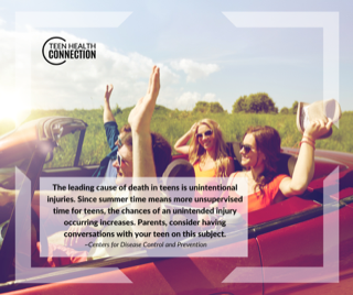 The leading cause of death in teens is unintentional injuries. Unintentional injuries are typically preventable. Consider talking with your teen about important safety precautions to take to ensure their safety. #TeenHealthConnection #charlotteteen #Parenting #ActiveParenting