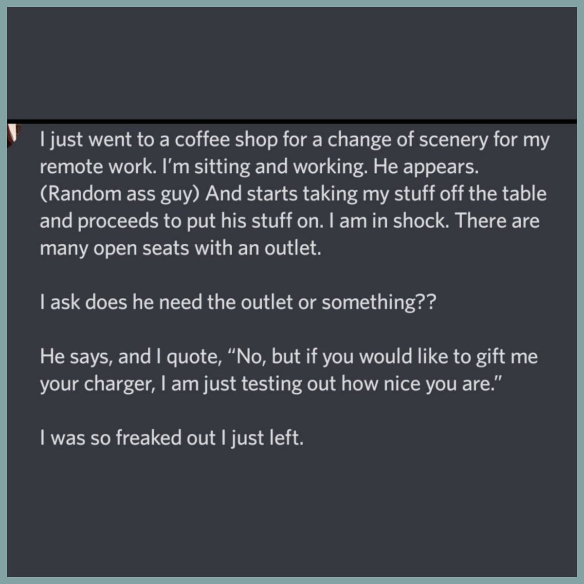 ask_aubry's tweet photo. I saw a YT video of a PUA telling dudes to do this to find a 'girl' that would be easy to control. If she just lets you have her stuff (drink, pen, this time charger) then she's 'ripe'. https://t.co/h5lpQHaDI3