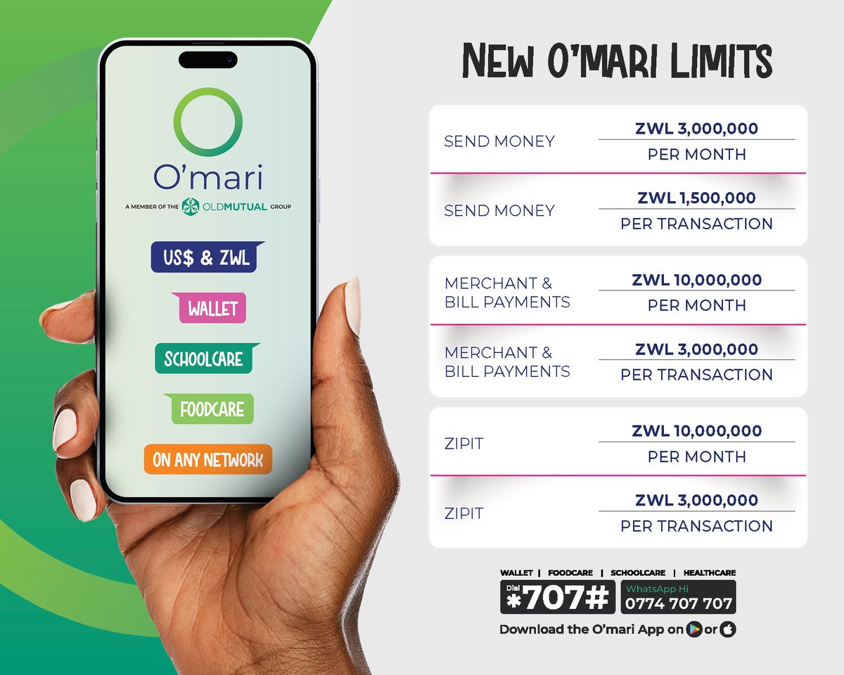 OmariZimbabwe's tweet photo. New O’mari limits! Now you can do more with your wallet.
Dial *707# to access your O’mari ZWL wallet today! https://t.co/M47Gz9H2kA