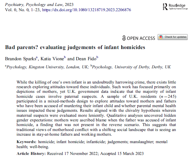 dfido1's tweet photo. Excellent to see our (w/ @Brandon__Sparks &amp; @katiavione) latest paper out in Psychiatry, Psychology and Law. 

Open access: https://t.co/cDFmci12Pm

Mixed methods study about societal judgments that is ultimately underpinned by stagnant gender norms.

@Derby_HPSCR https://t.co/cTXbWj8I7I