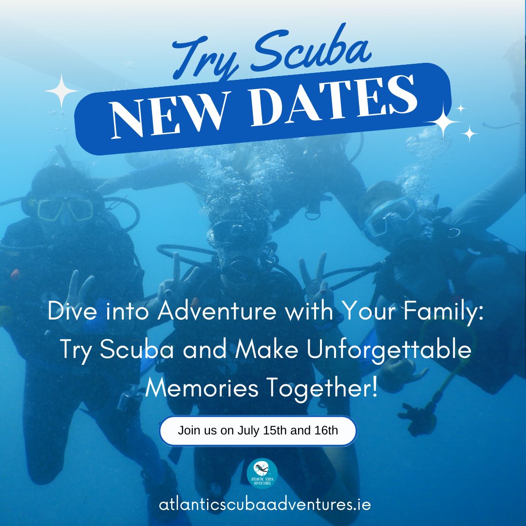 🌊 New Dates for Try Scuba Sessions! 15th and 16th! 🤿
🗓️ Dive into an adventure with your family! Create unforgettable memories and discover the underwater world. 
Limited spots available, so secure your place now at atlanticscubaadventures.ie. #TryScuba