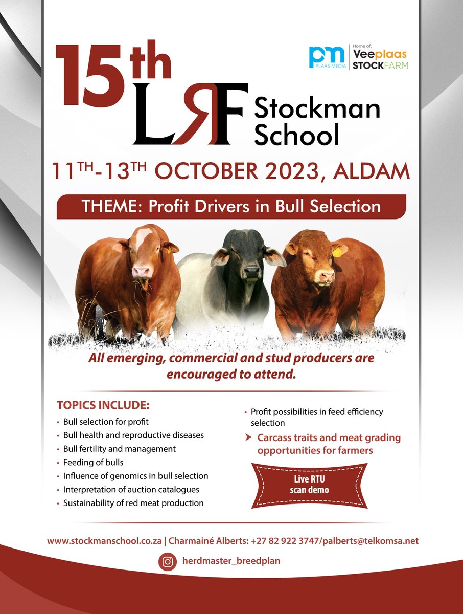 Stockfarmmag's tweet photo. ATTENTION LIVESTOCK PRODUCERS! It is almost time for the 15th @LivestockLrf Stockman School 11-13 October at Aldam, Free State. Register before 31 August to enjoy early bird discount. Don't miss this event! Visit https://t.co/iC307dGfeM or contact Charmaine Alberts at 0829223747. https://t.co/iA0DTeAjjs