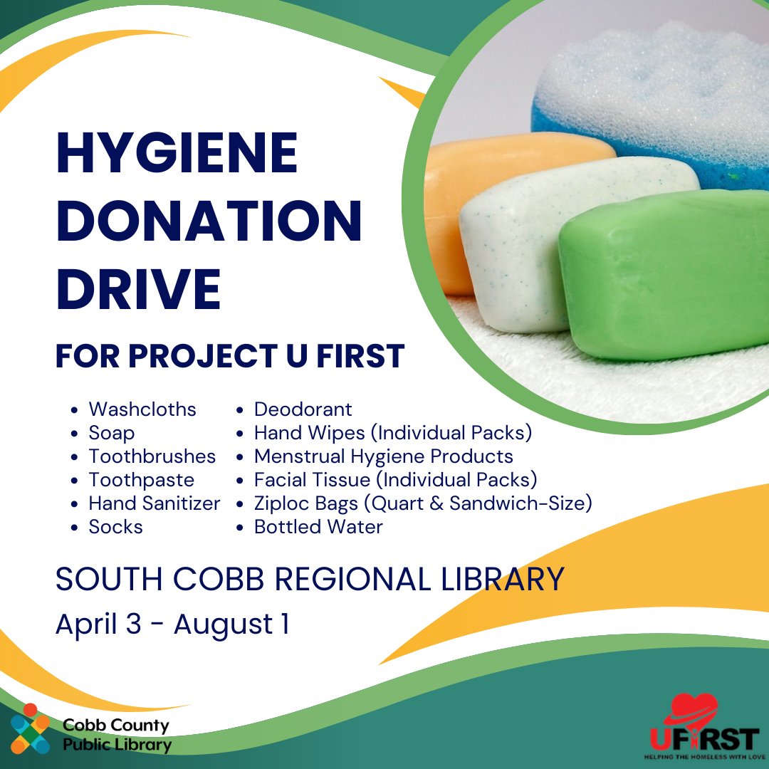 cobblibrary's tweet photo. #SouthCobbLibrary is hosting a #hygiene product donation drive now through August 1 to support @projectufirst. Products will be assembled into kits that will be dispersed amongst vulnerable members of the South Cobb Community during outings with Project U First. https://t.co/cqYH9LbZRx