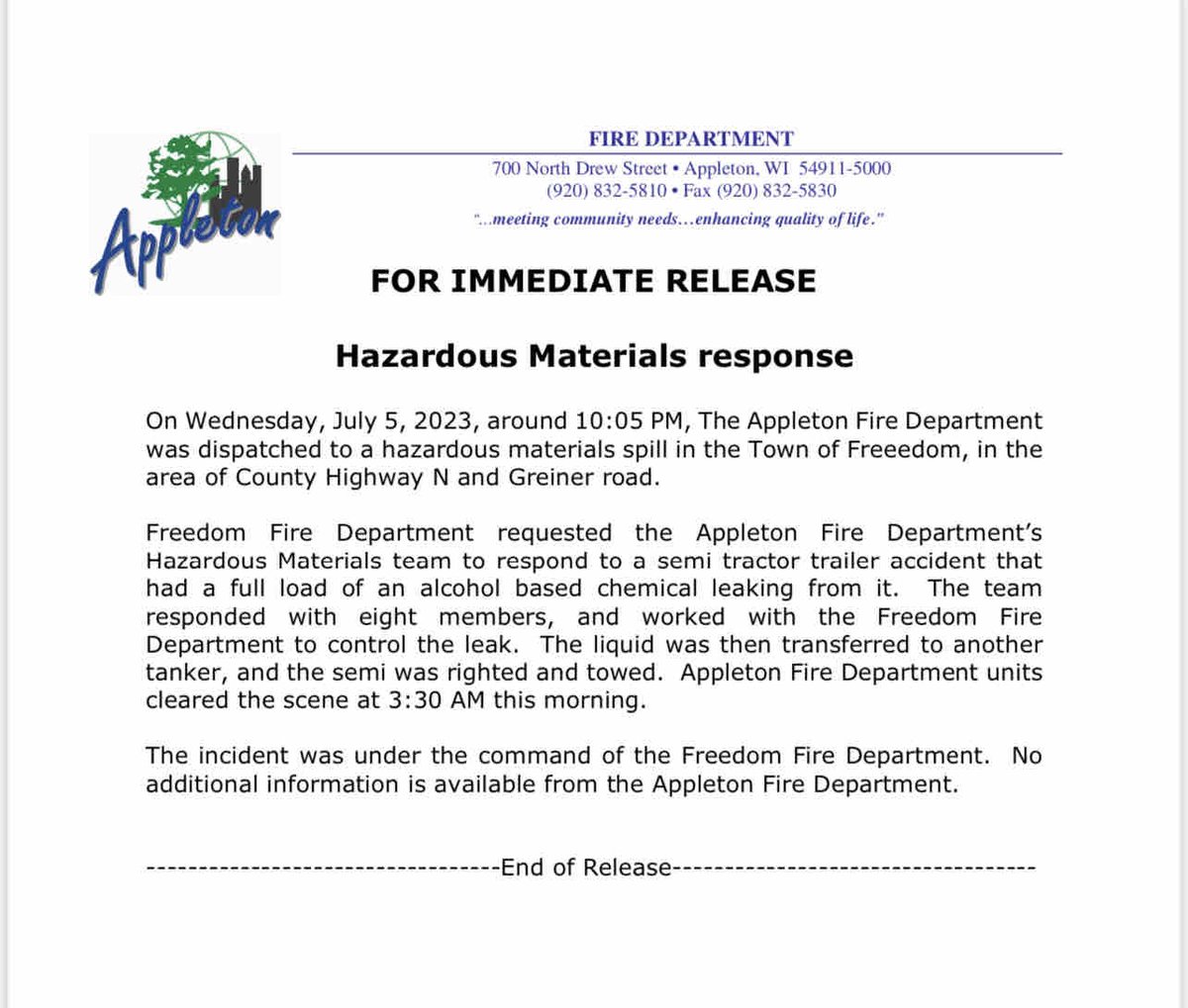 appletonfire's tweet image. 7/5/2023 Press Release: Appleton Fire Department Responds to Hazardous Materials Incident in the Town of Freedom