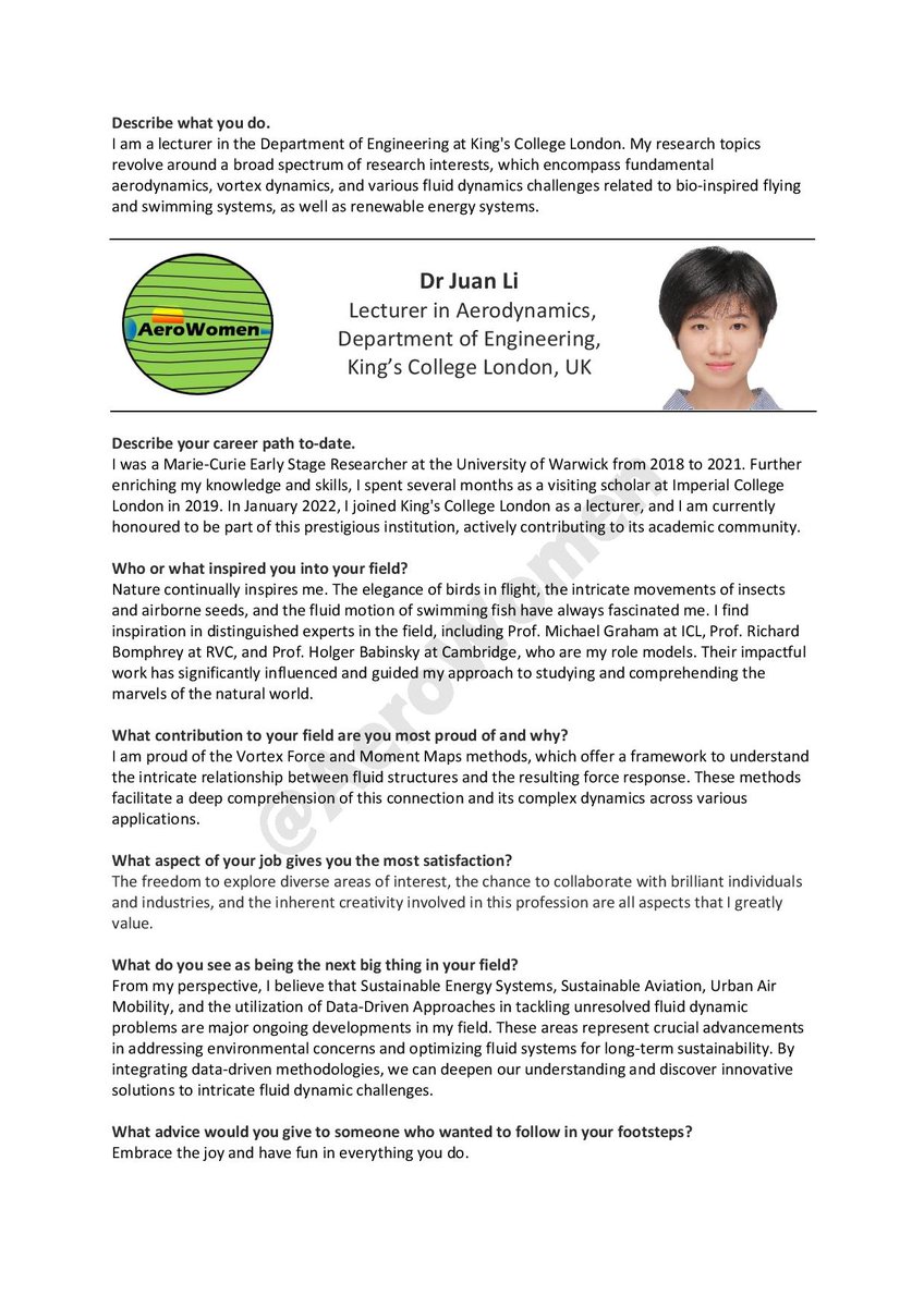 Meet Dr Juan Li (<a href="/julia79121056/">Julia Li</a>), Lecturer in Aerodynamics at <a href="/KingsCollegeLon/">King's College London</a>. Juan's research includes fundamental unsteady aerodynamics and fluid dynamics challenges related to bio-inspired flying &amp; swimming systems, as well as renewable energy systems <a href="/WRISEnergy/">WRISE formerly WoWE</a> #WomenInSTEM