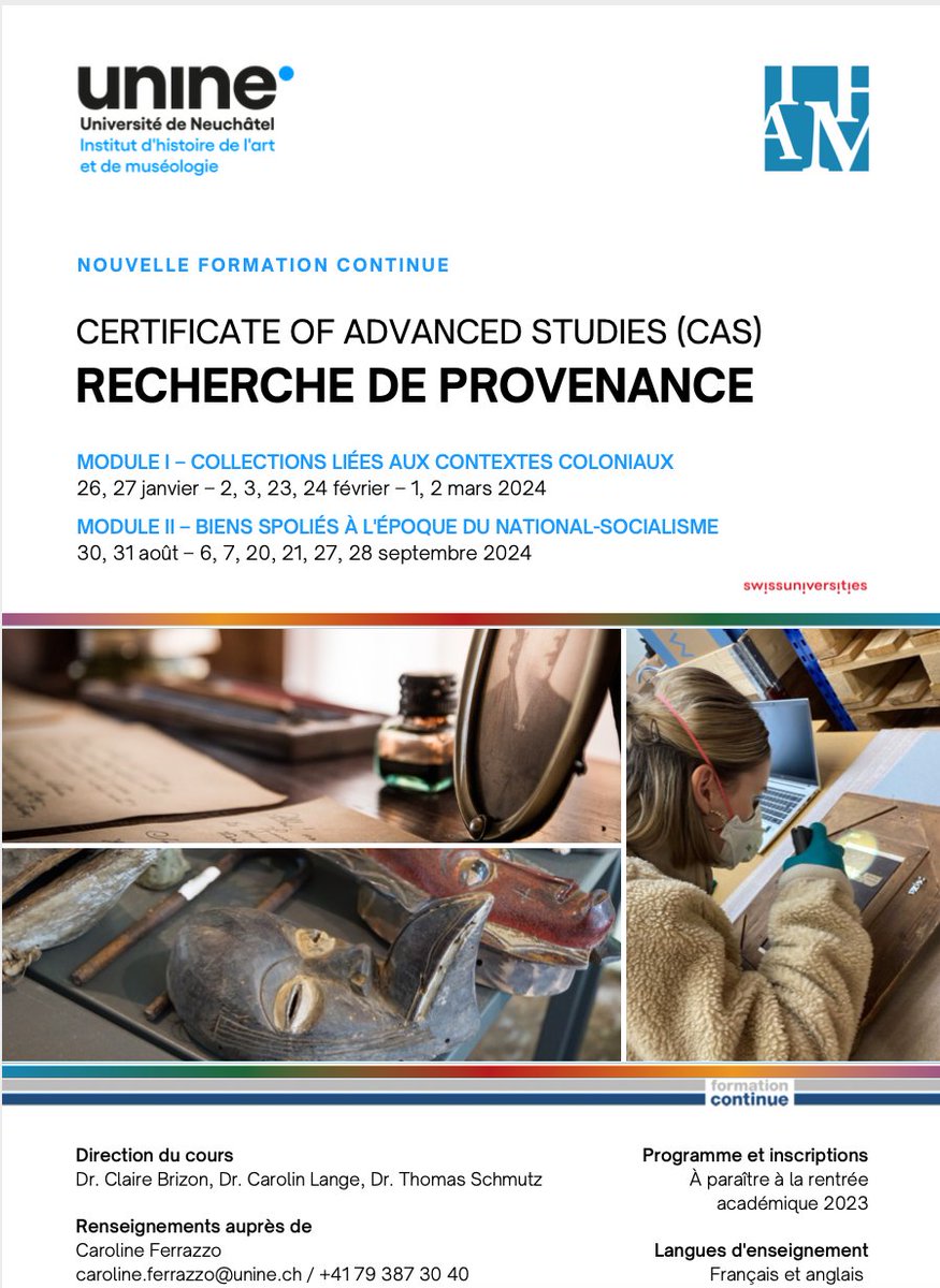 infoclio.ch (@infoclio) on Twitter photo L'<a href="/UniNeuchatel/">Université Neuchâtel</a> lancera début 2024 un Certificate of Advanced Studies (CAS) en Recherche de provenance.
Plus d'info ->caroline.ferrazzo@unine.ch L'<a href="/UniNeuchatel/">Université Neuchâtel</a> lancera début 2024 un Certificate of Advanced Studies (CAS) en Recherche de provenance.
Plus d'info ->caroline.ferrazzo@unine.ch