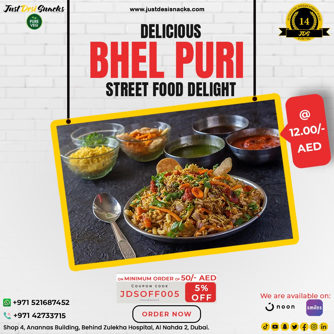 Crave the flavor-packed delight of Bhel Puri! This iconic Indian street food offers a perfect balance of crunch, tang, and spice.  #bhelpurilove http://justdesisnacks.com+971 4273 3715 #justdesisnacks #authenticindianfood #foodie #foodlovers #streetfood #alnahda #alnahda2 #Dubai