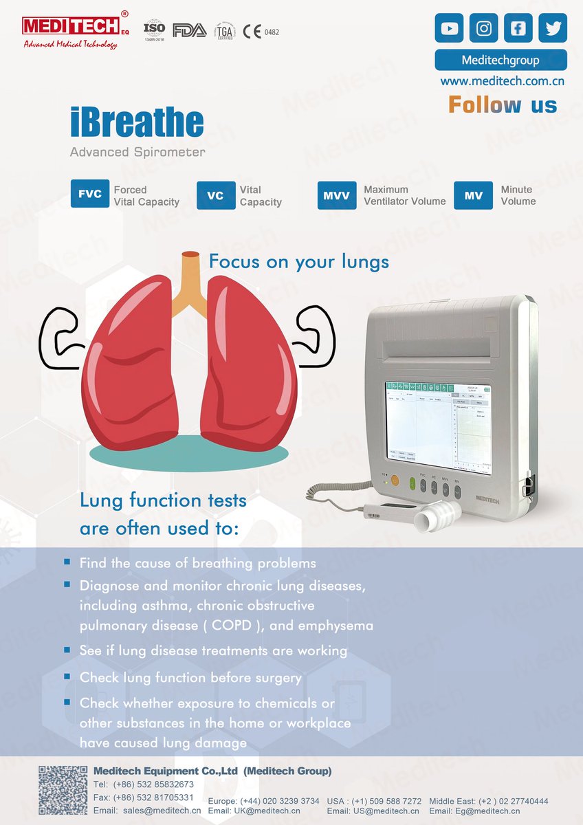 JenniferMedite1's tweet image. lung functions measurements with (iBreathe), that has:
📷 10.1 inch screen
📷 can measures 300 cases
📷 4 functions measurements
📷 wifi function
📷 A4 sheet
📷 software
I`m waiting for all your inquiry.
Email: mdo@meditech.com.cn
What&apos;s app : +86 188 6395 7305
#lungfunction