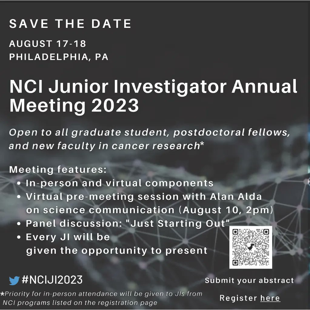 Junior investigators (grad students, postdocs, & early faculty) can register to attend #NCIJI2023. This meeting of #BDSTEP, #CCBIR, #NCICSBC, #NCIIMAT, #NCIITCR, #NCIMetNet, #NCIPDMC, #PSON, #NCISynBio & #CancerTEC will be Aug. 17-18. events.cancer.gov/dcb/ji-meeting…