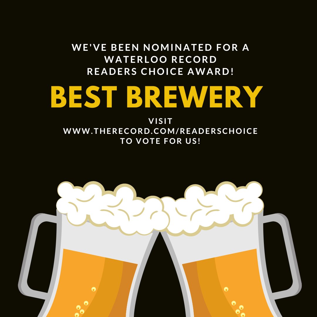 ✨🍺We've been nominated for Best Brewery in Waterloo Region!🍺✨
You know the drill! You can vote as many times as you'd like this round so show us lots of love! 
readerschoice.therecord.com/readerschoice/…

<a href="/stjacobsvillage/">St. Jacobs Shops</a> #kwawesome #ontario #canada