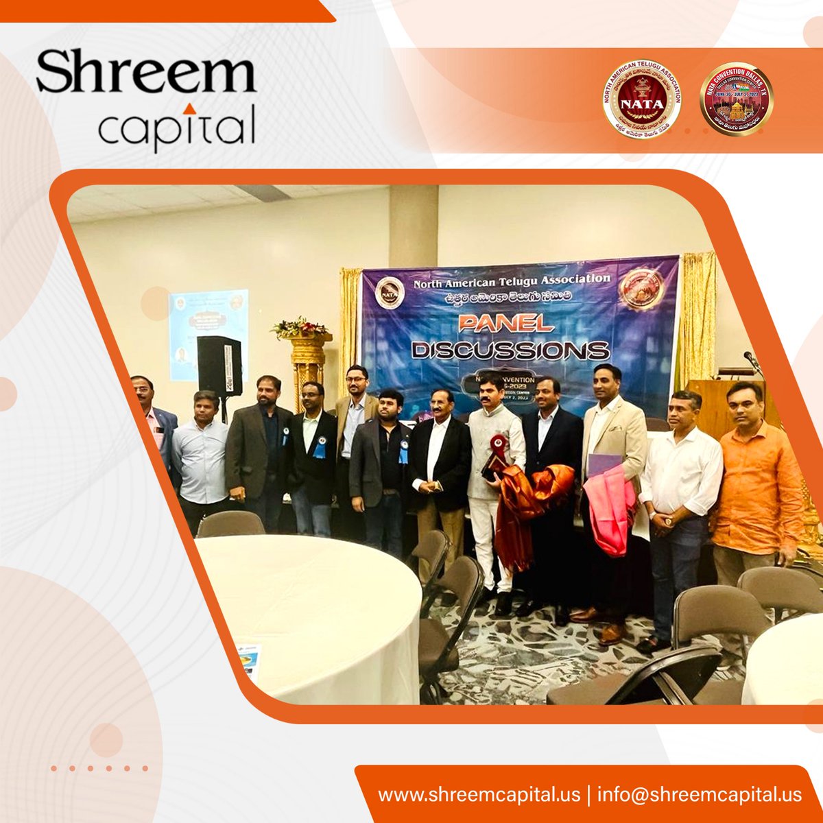 CapitalShreem's tweet photo. Exciting News! 🌟 We are thrilled to share that our CEO, Bhavin Patel, had the privilege of representing Shreem Capital on a distinguished panel at the North American Telugu Association convention held at the Dallas Convention Center. 🎉

#ShreemCapital #NATA #DallasTX  #Bhavin https://t.co/wx2ualjTE3