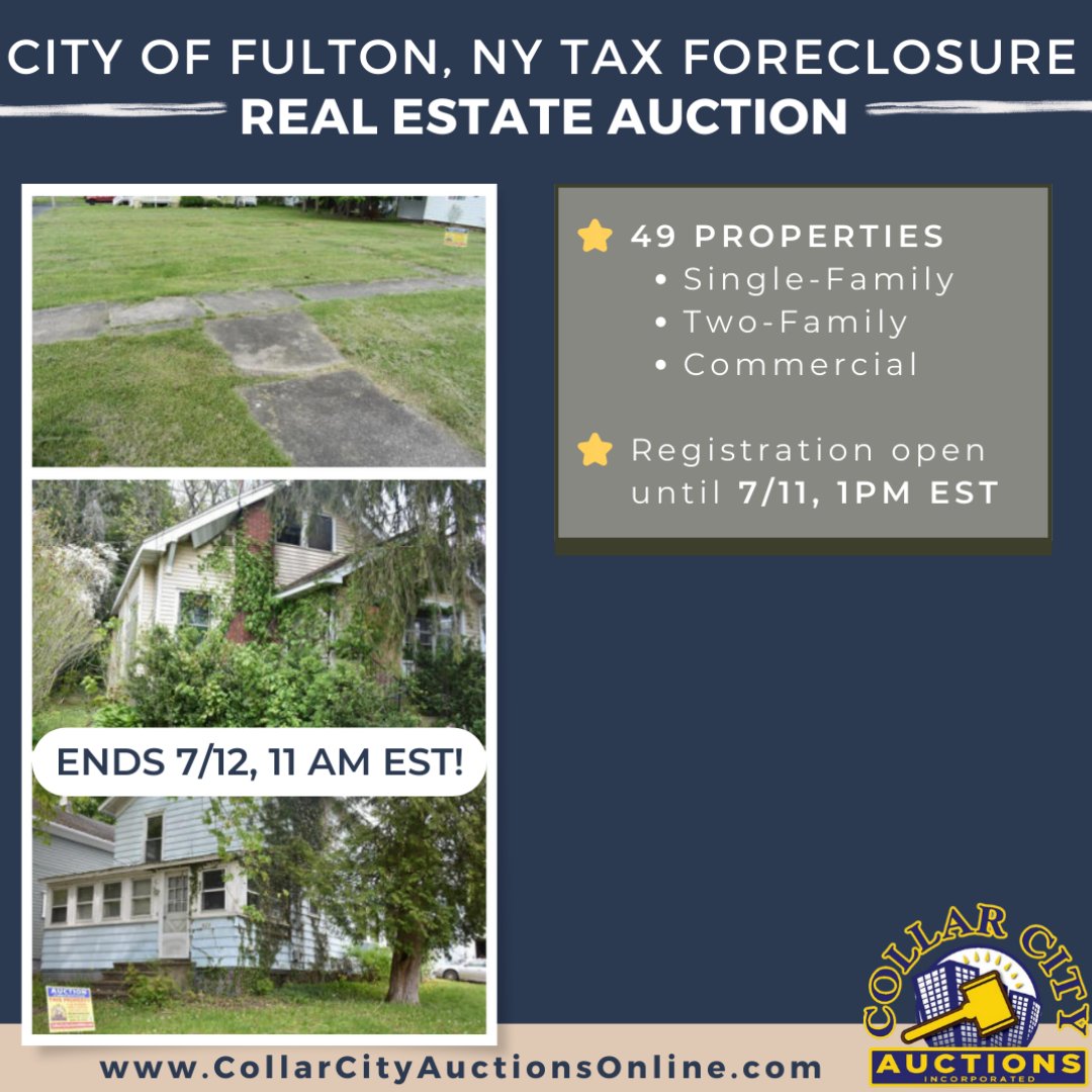 Calling all investors and future homeowners! Here is your chance to purchase Single/Two-Family & Commercial Property in the City of Fulton (NY). 

Registration is now OPEN until 7/11, 1PM EST. Check it out: 
s.ripl.com/6egovb
#realestateauction #fultonny