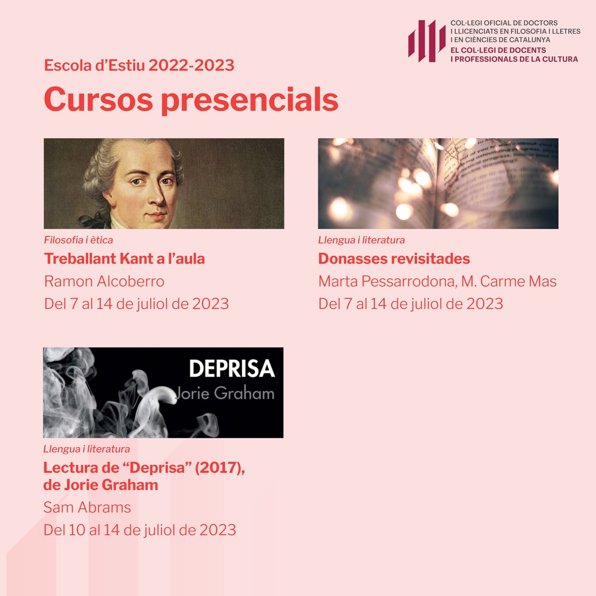 cdlcat's tweet photo. Ja som a la recta final de l'#EscolaEstiuCDL!
Últimes places, encara hi sou a temps! No us ho perdeu!
Més de 500 places ocupades.
#cdlcat #docents #mestres #formació #cultura #barcelona #professionals #cdl #secundària #Secundaria #batxillerat #formaciopermanent #kant https://t.co/QgzKTK3jfO
