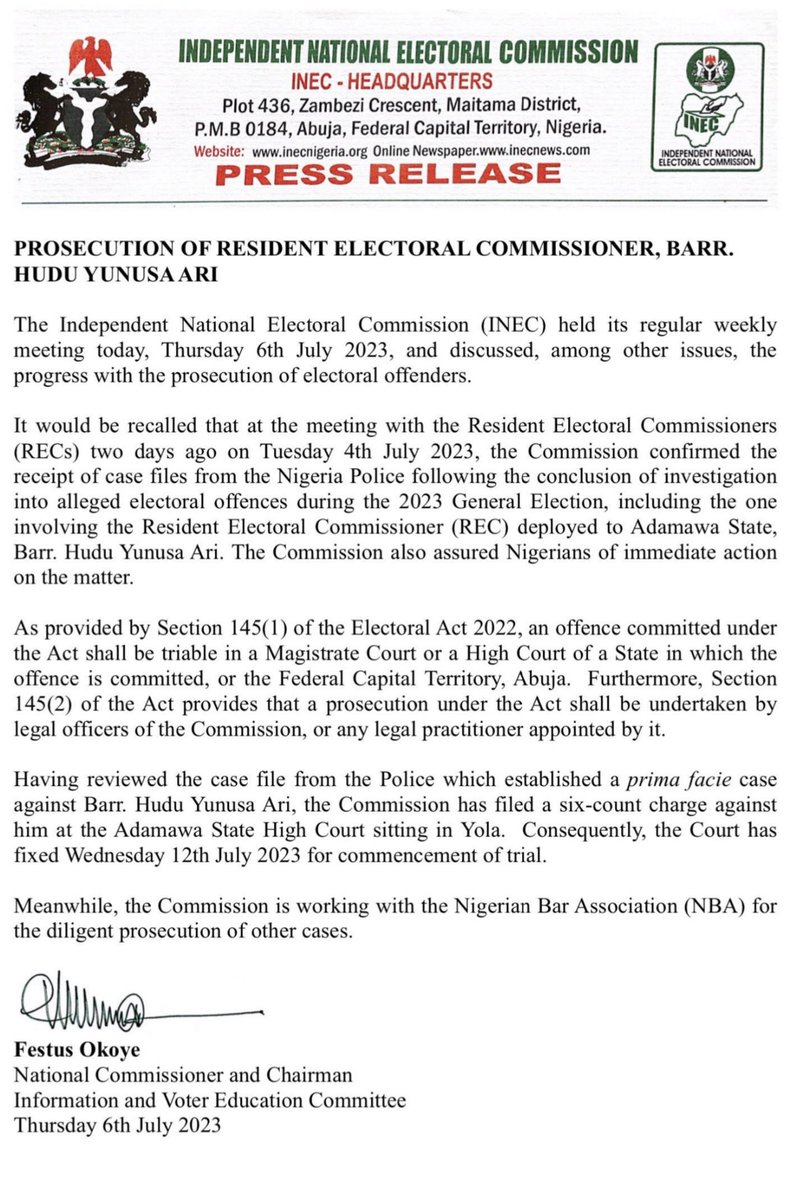 inecnigeria's tweet photo. PRESS RELEASE
Prosecution of Resident Electoral Commissioner, Barrister Hudu Yunusa Ari https://t.co/jvnQrQtq5q