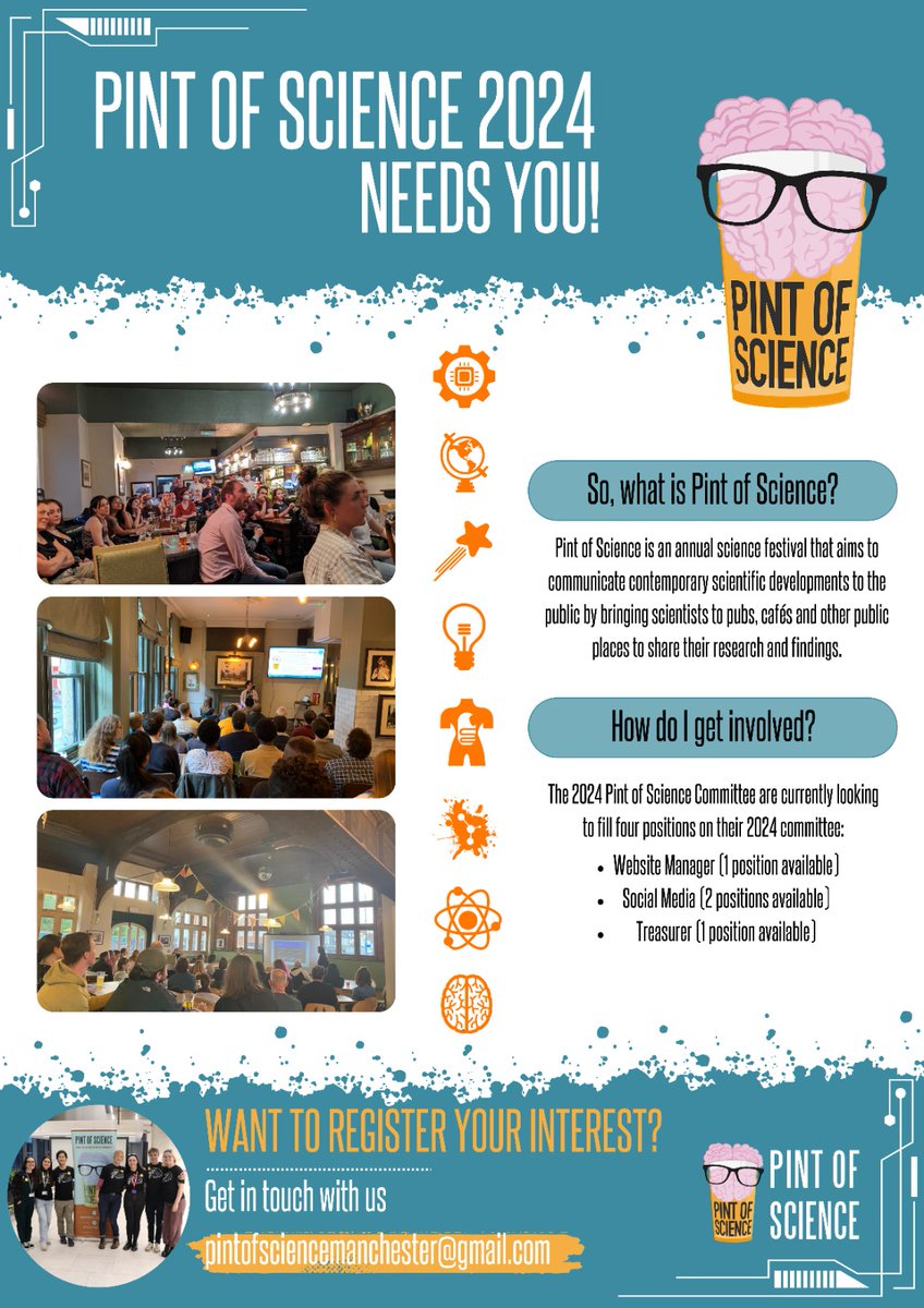 PKWalkerSharpe's tweet image. 🚨Pint of Science, Manchester, needs you! Committee positions available for Pint of Science 2024!

@pintofscience #pint23