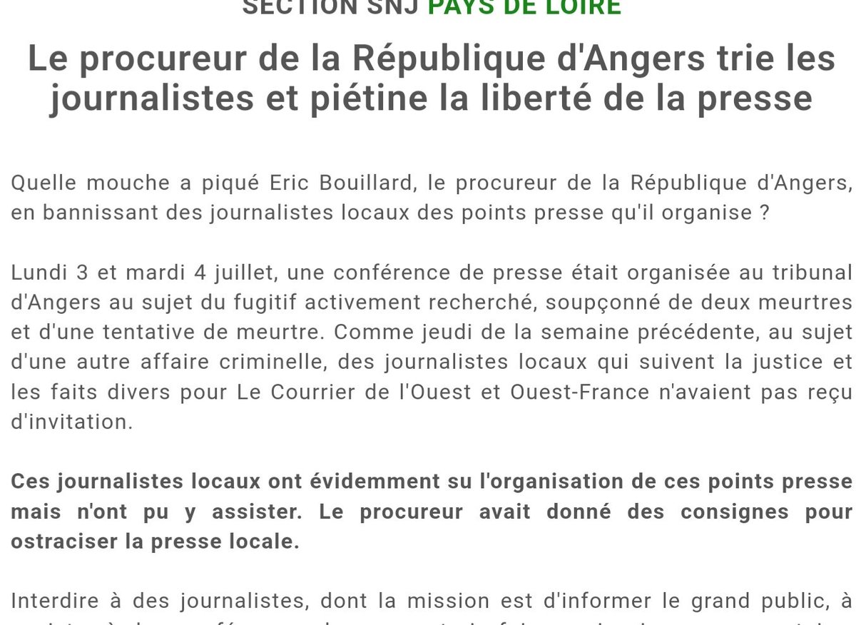 SNJ_national's tweet photo. Quelle mouche à piqué le procureur de la République d'Angers, qui sélectionne les journalistes ? 
@justice_gouv @E_DupondM 
😡😡😡 
https://t.co/1evJPV1zUE https://t.co/q1sVsaVIpc