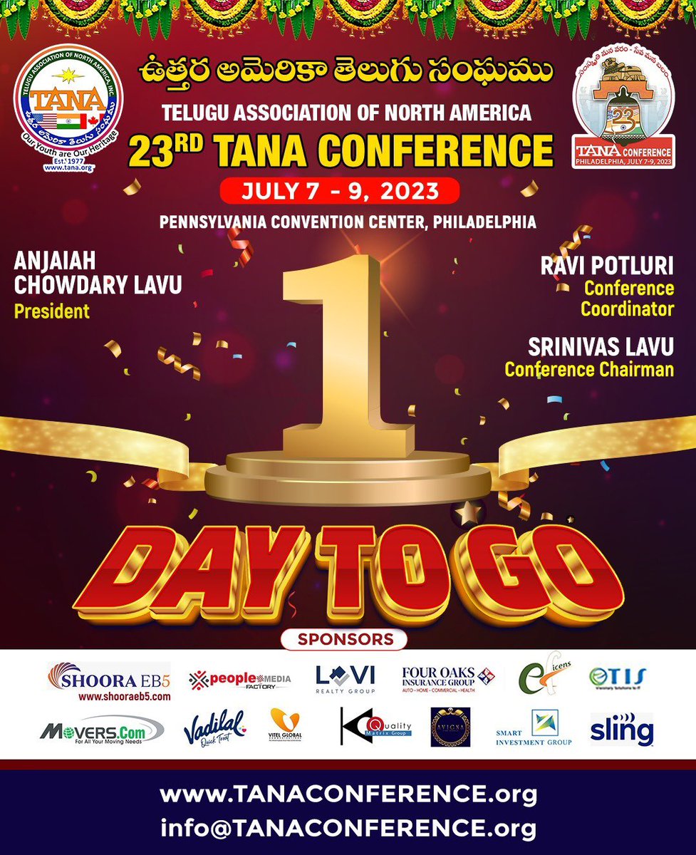 23rdTANAConf's tweet photo. Just one day remains until the grand gathering of the 23rd Telugu Association of North America national conference at the Pennsylvania Convention Center in Philadelphia. It's a time of togetherness, celebration, and embracing our shared heritage.

https://t.co/N5Vm5qeNd0

#TANA https://t.co/X7LICcnJmi