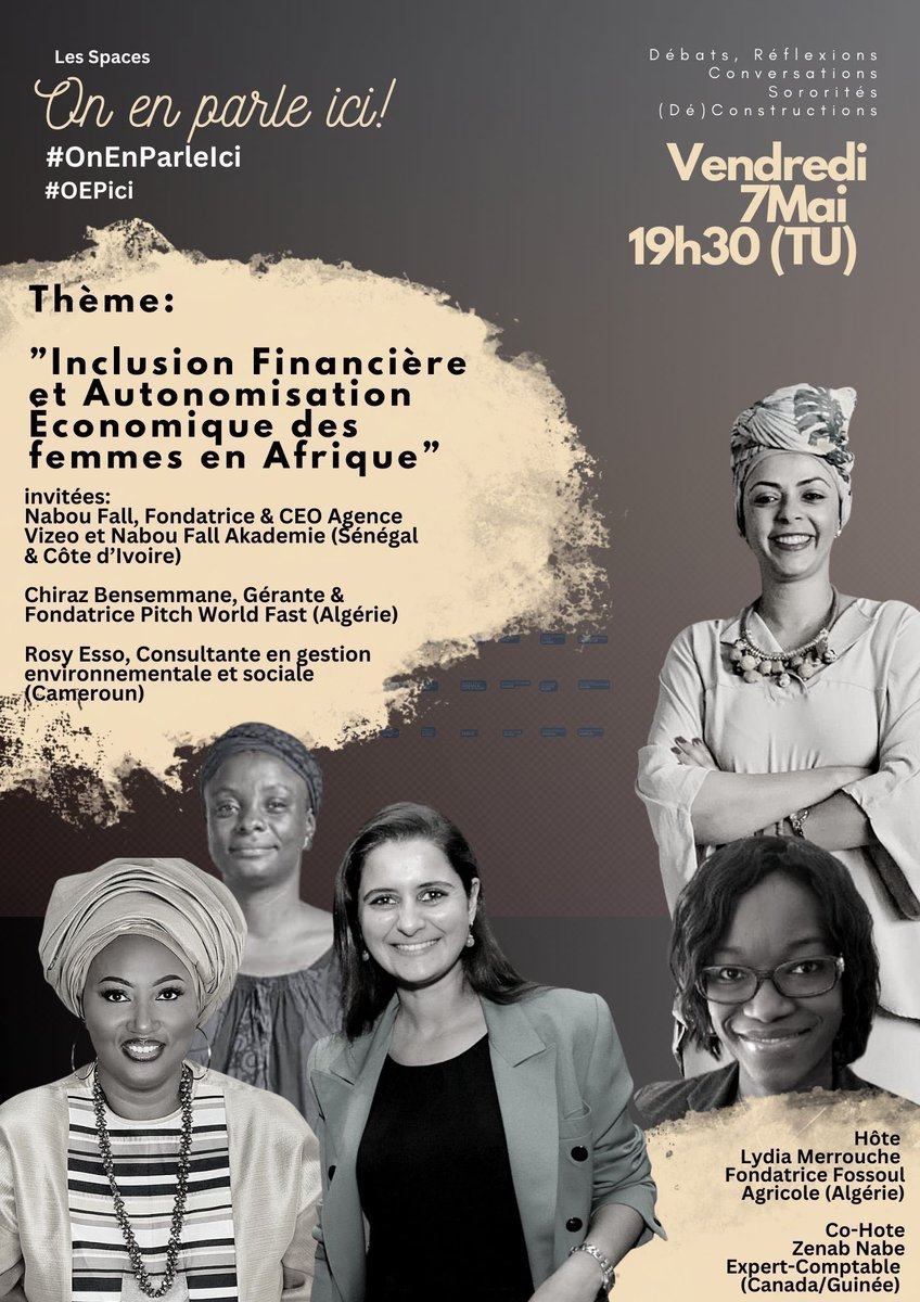 #OnEnParleIci  Ce vendredi 7 JUILLET!

<a href="/Naboufall/">Nabou Fall</a>, fondatrice Agence VIZEO &amp; NFA Akademy, (Sénégal &amp; Côte d’Ivoire)
Chiraz Bensemmane, fondatrice Pitch World Fast (Algérie) <a href="/isphahane/">chiraz bensemmane</a>
<a href="/RosyEsso/">Rosy Esso</a>, Consultanteven gestion environnementale &amp; sociale (Cameroun)

x.com/i/spaces/1YqKD…