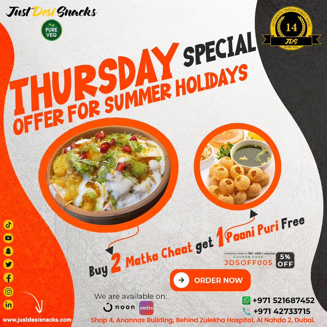 Exciting offer alert! 🌟🌮 Indulge in the ultimate street food combo: Buy 2 Matka Chaat, get 1 Paani Puri free! #thursdaysspecial #streetfoodcombo #matkachaat #panipuri #LimitedTimeOffer
justdesisnacks.com
+971 4273 3715
#justdesisnacks #foodie  #streetfood #alnahda #Dubai