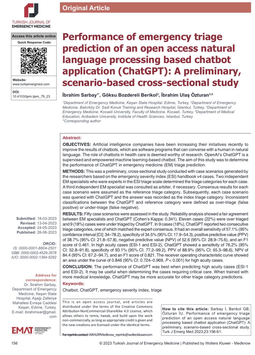 OpenAI GPT yapay zeka uygulaması Acil triyajında giderek daha başarılı hale geliyor mu? @TurkJEmergMed’de yayınlanan çalışmamızda ChatGPT Ocak 23 versiyonunu kullanmıştık. Güncel versiyon ile çalışmayı tekrarlayan @keithgrimes şu sonuçları bulmuş: > @OpenAI