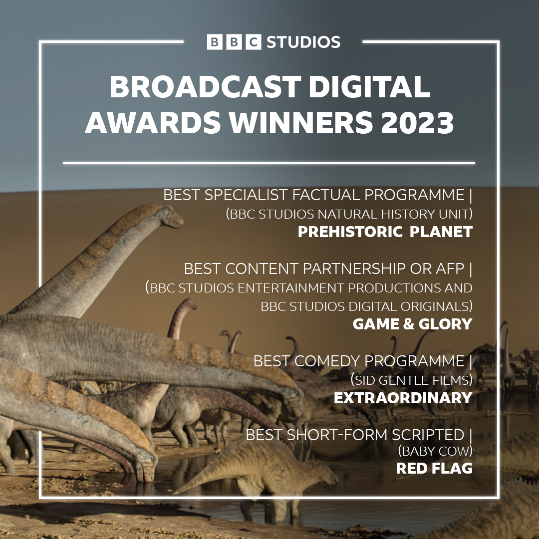 Well done to our @BroadcastDigi award winners!

We're proud to see titles from BBC Studios Natural History Unit, BBC Studios Entertainment Productions, BBC Studios Digital Originals, and our Production Labels @BabyCowLtd and @SidGentleFilms celebrated at #BDA2023. 🌟