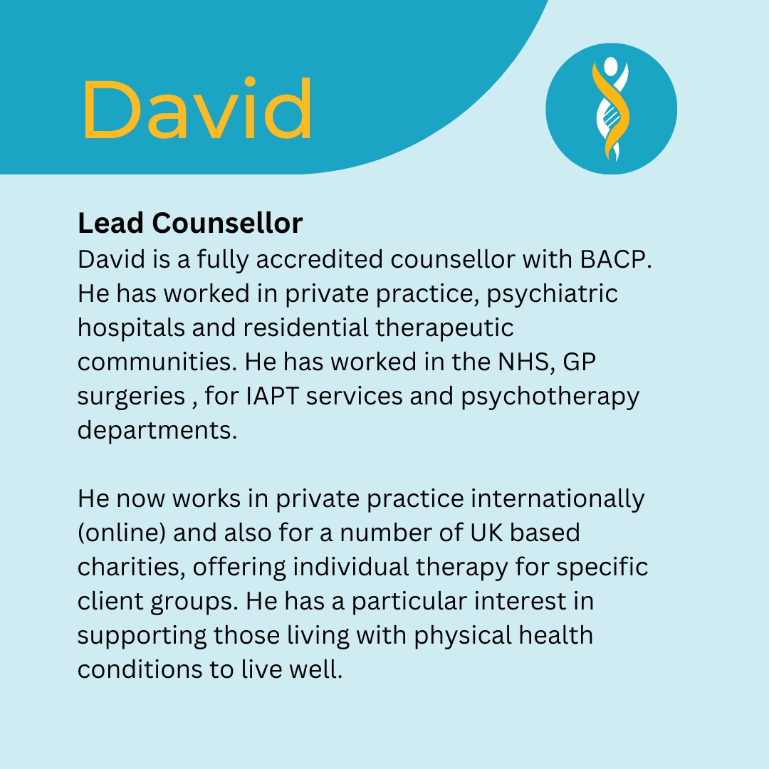 #MeetTheTeam! David is our counsellor working with @AmendInfo & @ChildhoodTT. He's also a qualified clinical supervisor & takes a lead role in overseeing our background clinical processes & procedures. #RareMindsMatter #MentalHealth #RareDisease