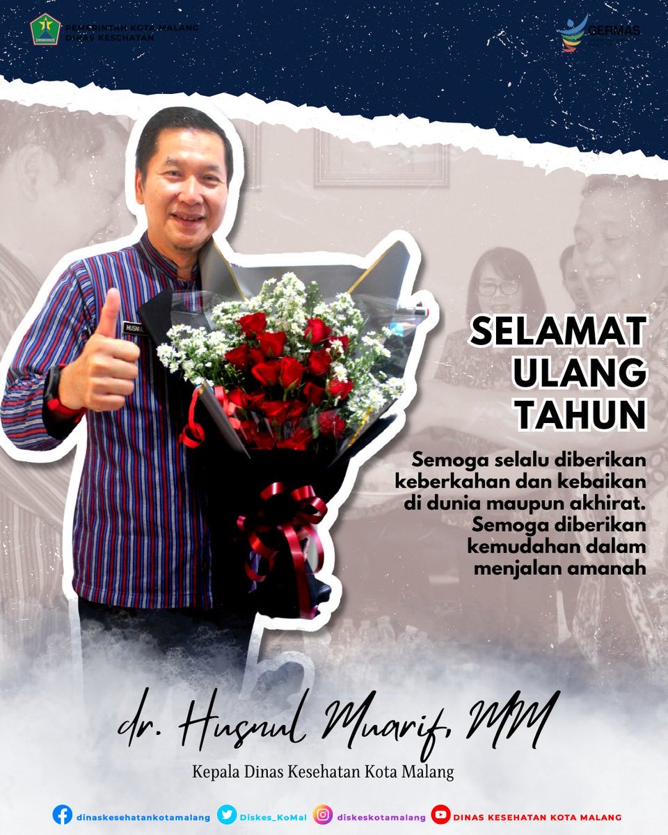 elamat Ulang Tahun Bapak Kepala Dinas Kesehatan Kota Malang dr. Husnul Muarif, MM ke-54 tahun

Semoga selalu diberikan keberkahan dan kebaikan di dunia maupun akhirat. Semoga diberikan kemudahan dalam menjalankan amanah
<a href="/PemkotMalang/">𝐏𝐞𝐦𝐞𝐫𝐢𝐧𝐭𝐚𝐡 𝐊𝐨𝐭𝐚 𝐌𝐚𝐥𝐚𝐧𝐠</a> <a href="/KominfoMalang/">Dinas Kominfo Kota Malang</a>
