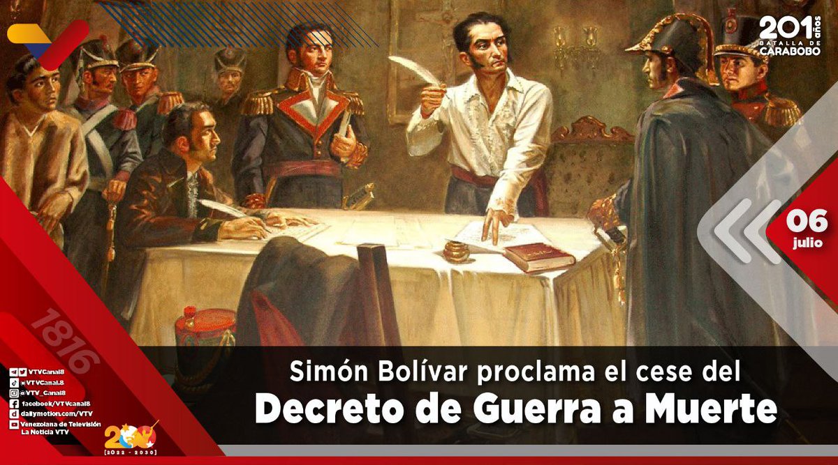 #EFEMÉRIDE🗓️| El #06Jul de 1816, Simón Bolívar decide humanizar la lucha independentista y proclama lo siguiente: "(...)La guerra a muerte que nos han hecho nuestros enemigos cesará por nuestra parte: perdonamos a los que se rindan, aunque sean españoles".

#IndependenciaONada