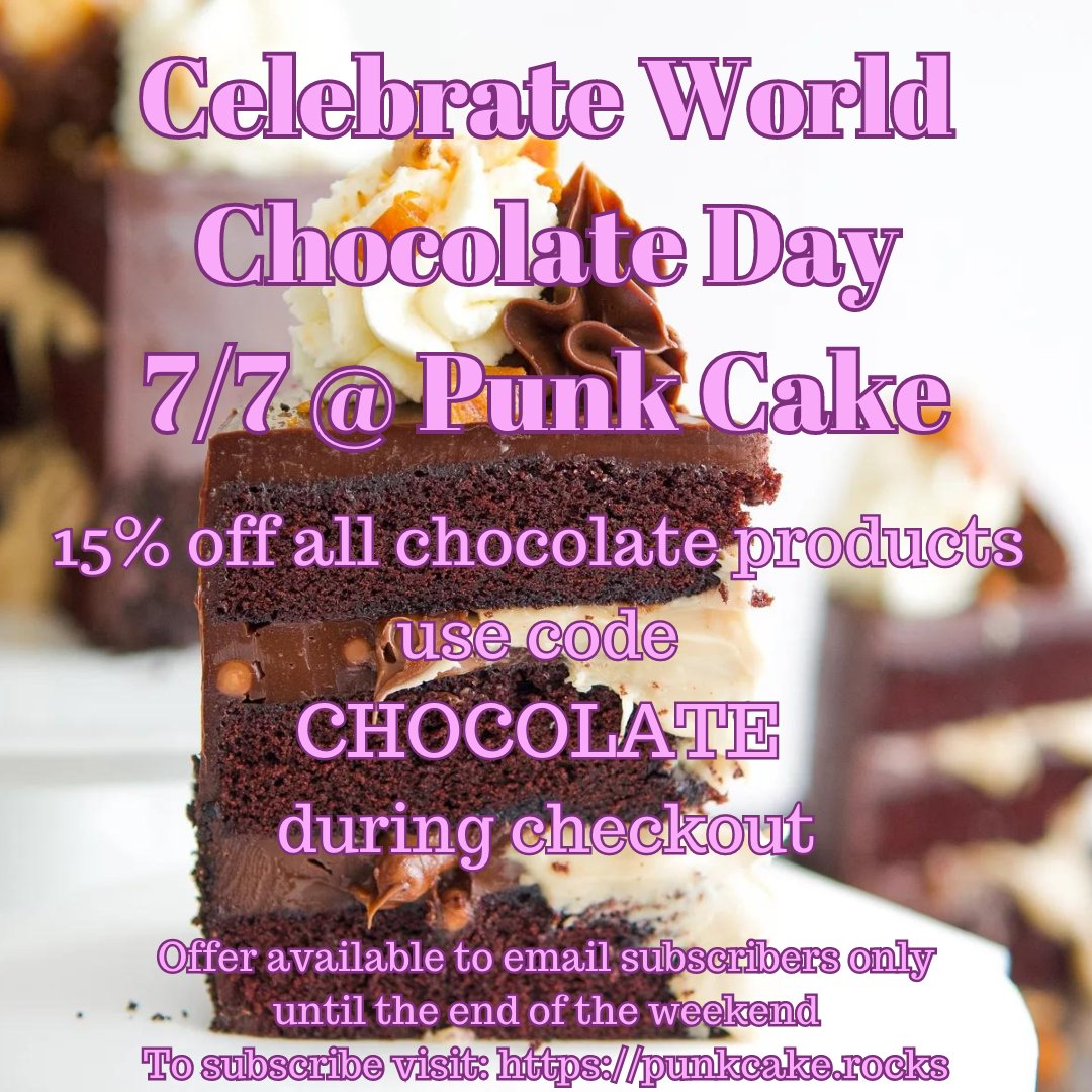 punkcake_rocks's tweet photo. Celebrate world chocolate day with us. 💝

15% off all chocolate products, use code CHOCOLATE during checkout. 🍫
https://t.co/t8Mv9M7TUA 🔗

Offer valid to email subscribers until the end of the weekend. 💌
To subscribe, visit our website https://t.co/m4aRjh7fJN