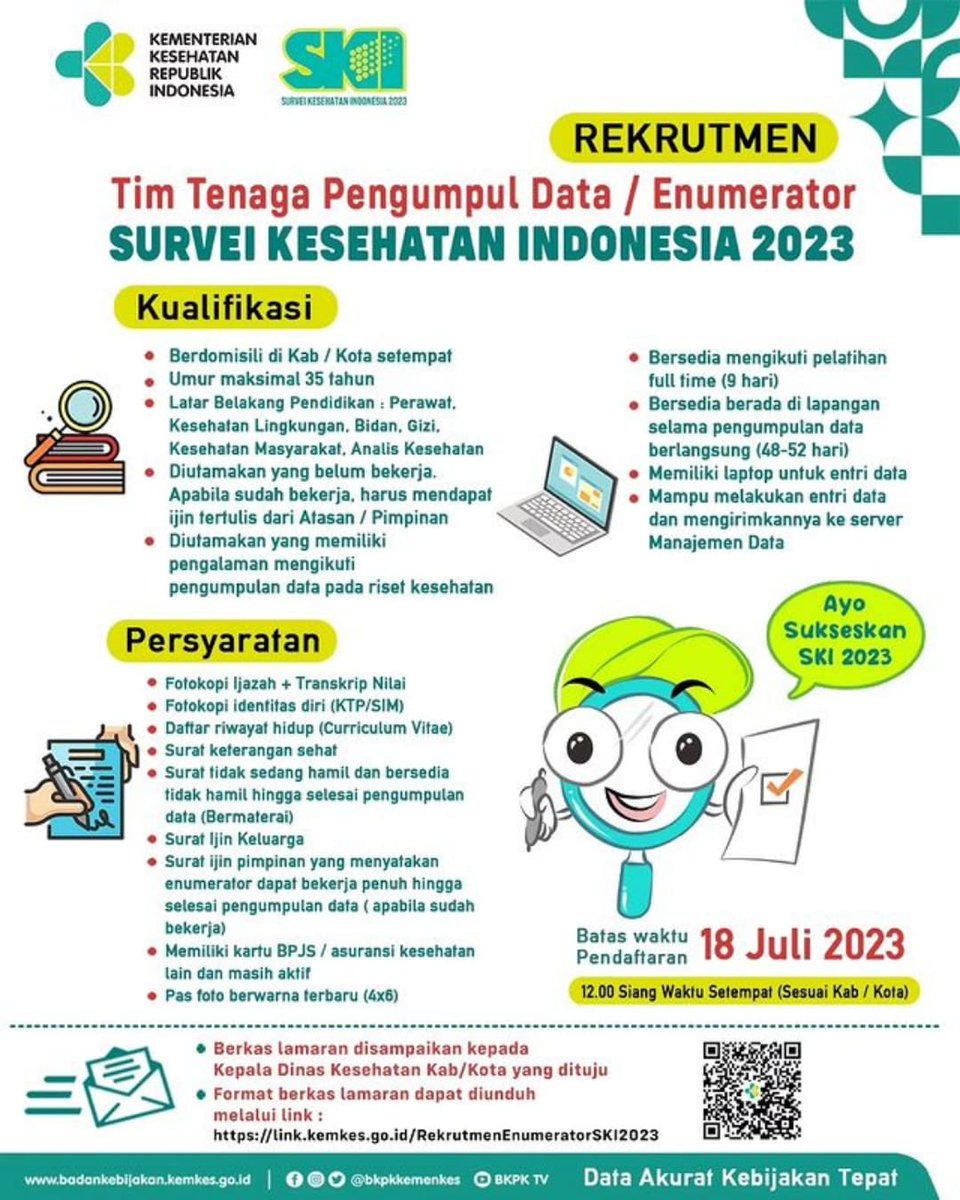 Halo #Nawakhealthies
Rekruitmen survey kesehatan indonesia Tahun 2023 sudah resmi dibuka. Silahkan cek persyaratannya yaa. See youu

<a href="/PemkotMalang/">𝐏𝐞𝐦𝐞𝐫𝐢𝐧𝐭𝐚𝐡 𝐊𝐨𝐭𝐚 𝐌𝐚𝐥𝐚𝐧𝐠</a> <a href="/KominfoMalang/">Dinas Kominfo Kota Malang</a> <a href="/KemenkesRI/">Kementerian Kesehatan RI</a>