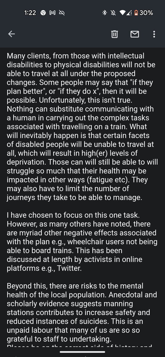 A section of the email I, an OT, sent to SW Railway responding to their public consultation re closing ticket offices.  <a href="/SW_Help/">SWR Help</a> <a href="/south_railway/">SouthWesternRailway</a> 

<a href="/theRCOT/">Royal College of Occupational Therapists</a> - are you writing a statement pushing against the de-staffing of train stations? Public transport is an occupational right.