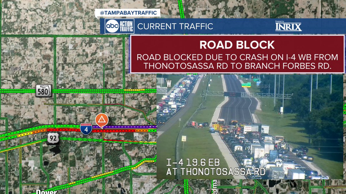TRAFFIC ALERT | I-4 WB has a complete roadblock between Thonotosassa Rd. and Branch Forbes Rd due to a crash. #GMTB #TampaBayTraffic