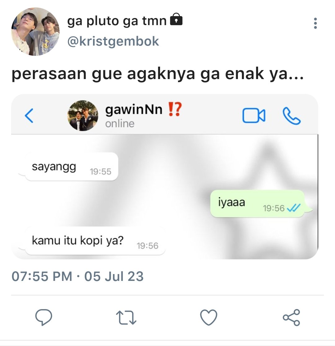 brcdluve's tweet photo. Flirting — #GawinKrist AU.

Ngegombal ala Gawin Caskey untuk pacar tercinta.
© brcdluve.

⚠️fiction, bxb⚠️ https://t.co/JwUjp3AUWK