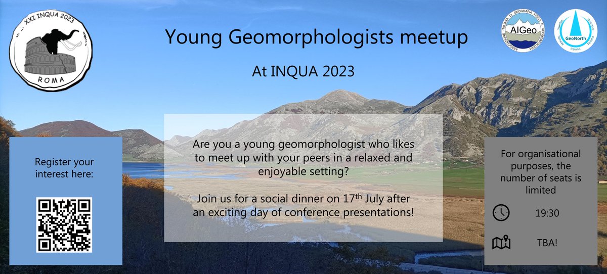 GeoNorth4's tweet photo. Are you attending the INQUA conference in Rome from the 13th to 20th of July? Join other young geomorphologists for a fun and relaxing dinner in one of Rome’s great restaurants! Limited spots are available, so please sign up here: https://t.co/DNEI5JEvXK
See you soon in Rome! https://t.co/J7n71iMDhy