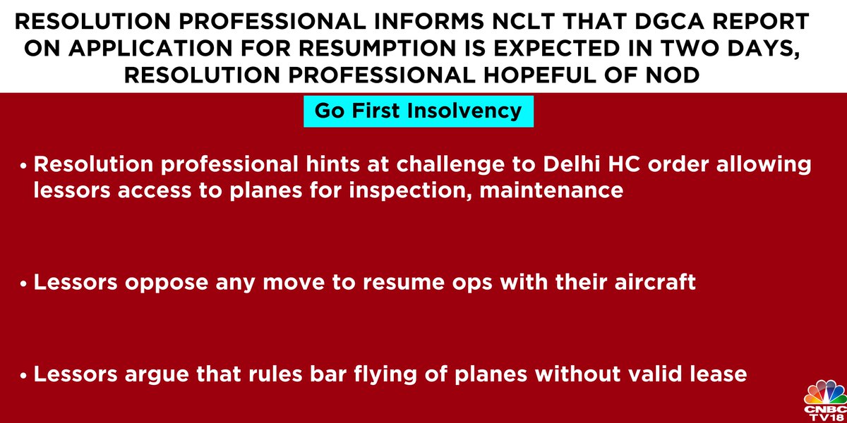 CNBCTV18Live's tweet photo. #GoFirstInsolvency | Resolution professional informs NCLT that DGCA report on the application for resumption is expected in two days
Here’s more 👇 https://t.co/zgsQzyYuEk