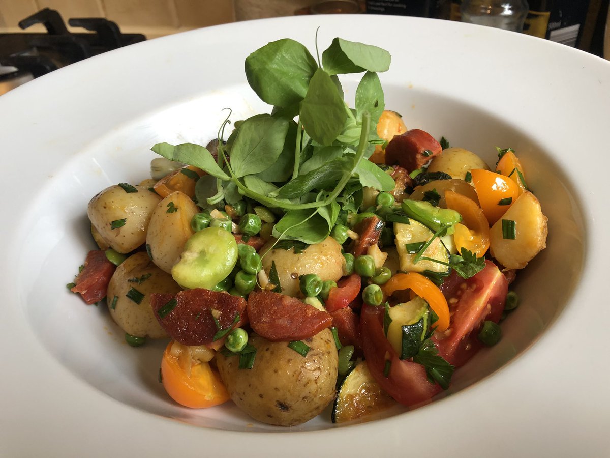Hi everyone! Listen in again to me on <a href="/9amben/">Ben Jackson</a> show on <a href="/BBCLeicester/">BBC Leicester</a> from 3pm today to show you how to cook this simple, summery dish. It’s quick, inexpensive. It’s my Jersey Royal new potatoes with chorizo and seasonal veg.#Britishfood #summerfood #Food #bbcleicester #quickfood
