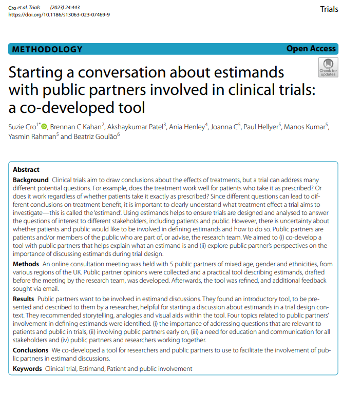 Suzie_cro's tweet photo. How can we start a conversation about #estimands with patient and public partners involved in #ClinicalTrials ? We spoke to some &amp; co-developed a 2-page tool to explain the concept of an estimand available here: https://t.co/X6U5kiK0aB https://t.co/zfZOVfg1IY