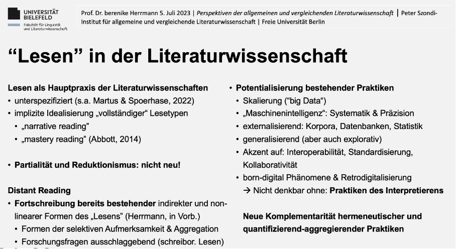 Jberenike's tweet image. scholarly reading in the humanities is radically diverse. It's also underspecified &amp;amp; idealised as 'complete reading' (Schlaffer!). The partial &amp;amp; reductive access  in the many types of #distantreading has predecessors/complements in analogue practices. Reading goals are decisive.