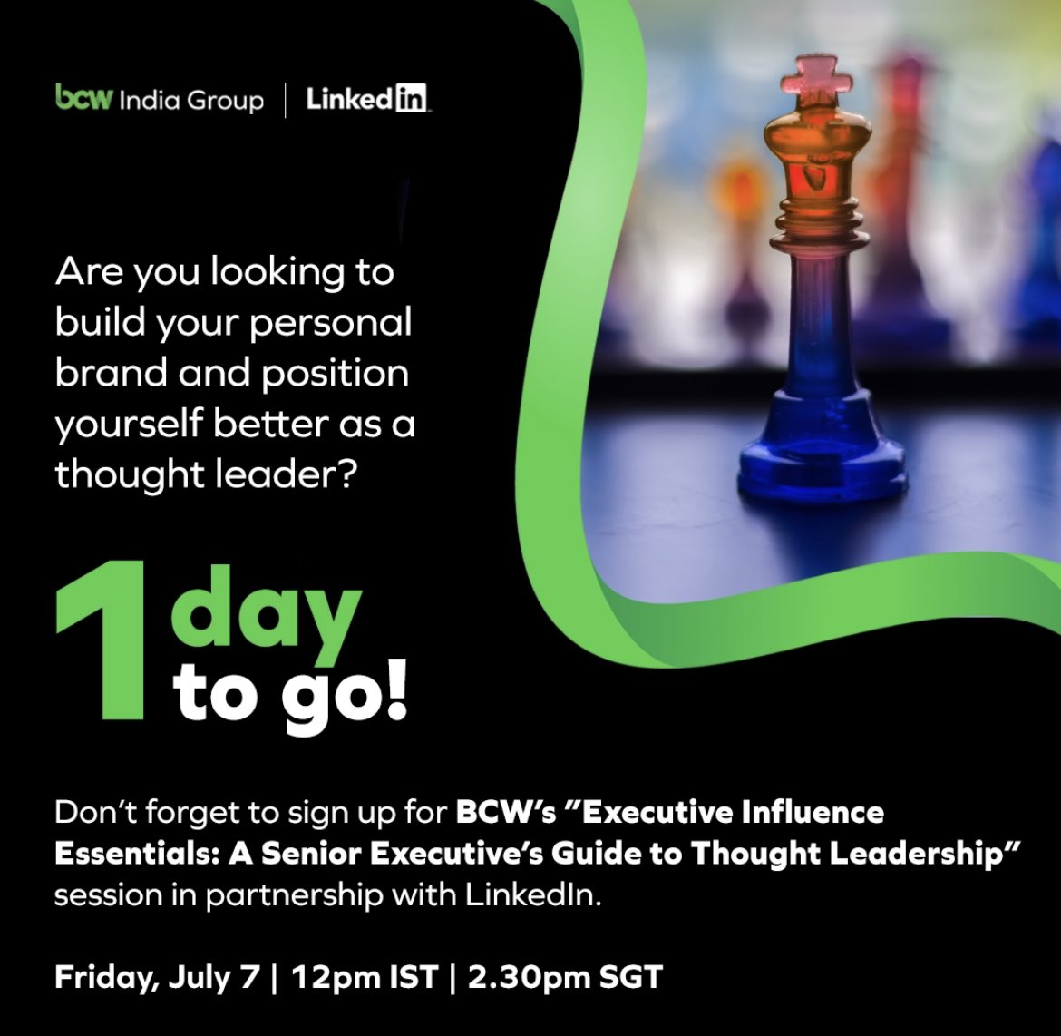 Calling all senior leaders! 
 
Only one day left until our exclusive "Senior Executive's Guide to Thought Leadership" session, in collaboration with LinkedIn!
 
Register for the event now: evt.to/ahoosouaw
 
See you there! 
 
#ThoughtLeadership #LinkedInEvent #BrandGrowth