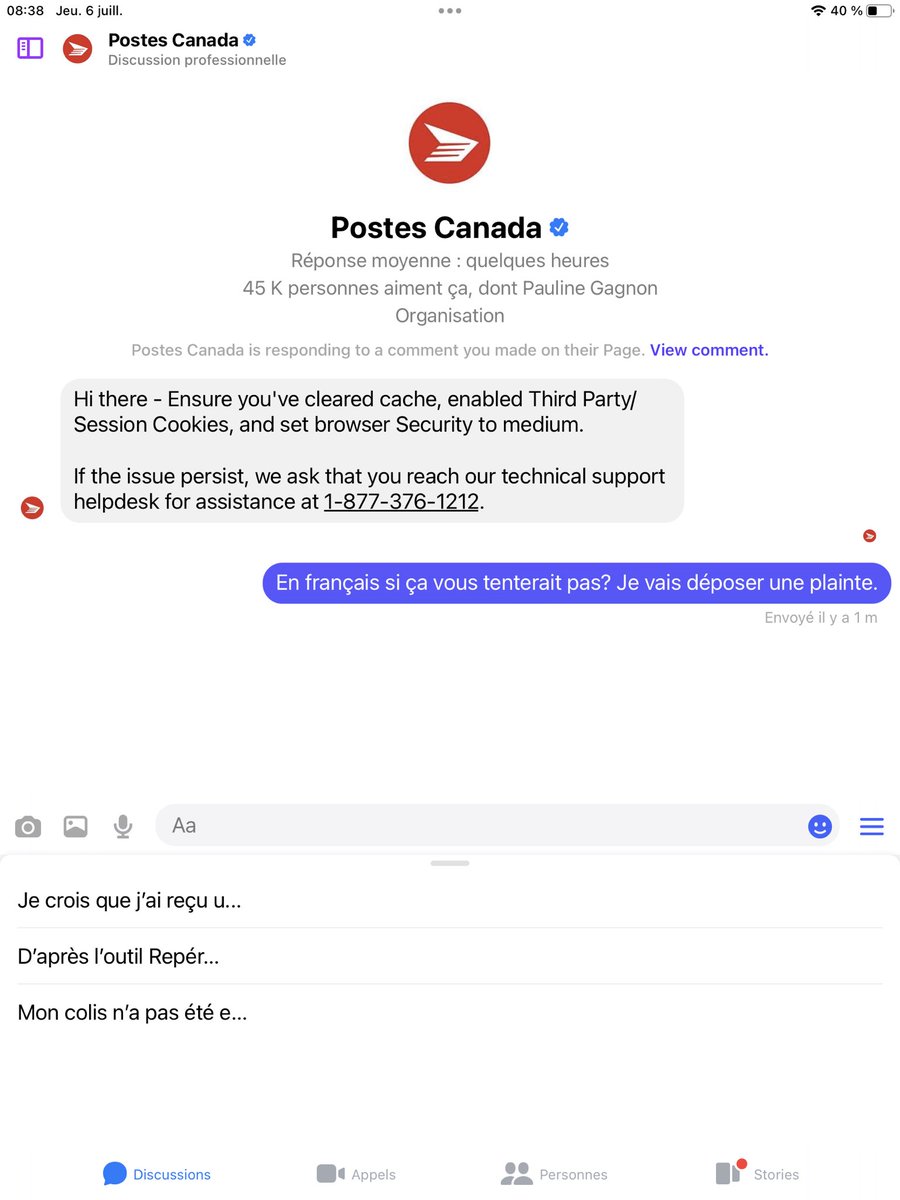 Postes Canada recherche un traducteur pour ses réseaux sociaux.  Ils n’ont aucune gêne de nous répondre en anglais uniquement…