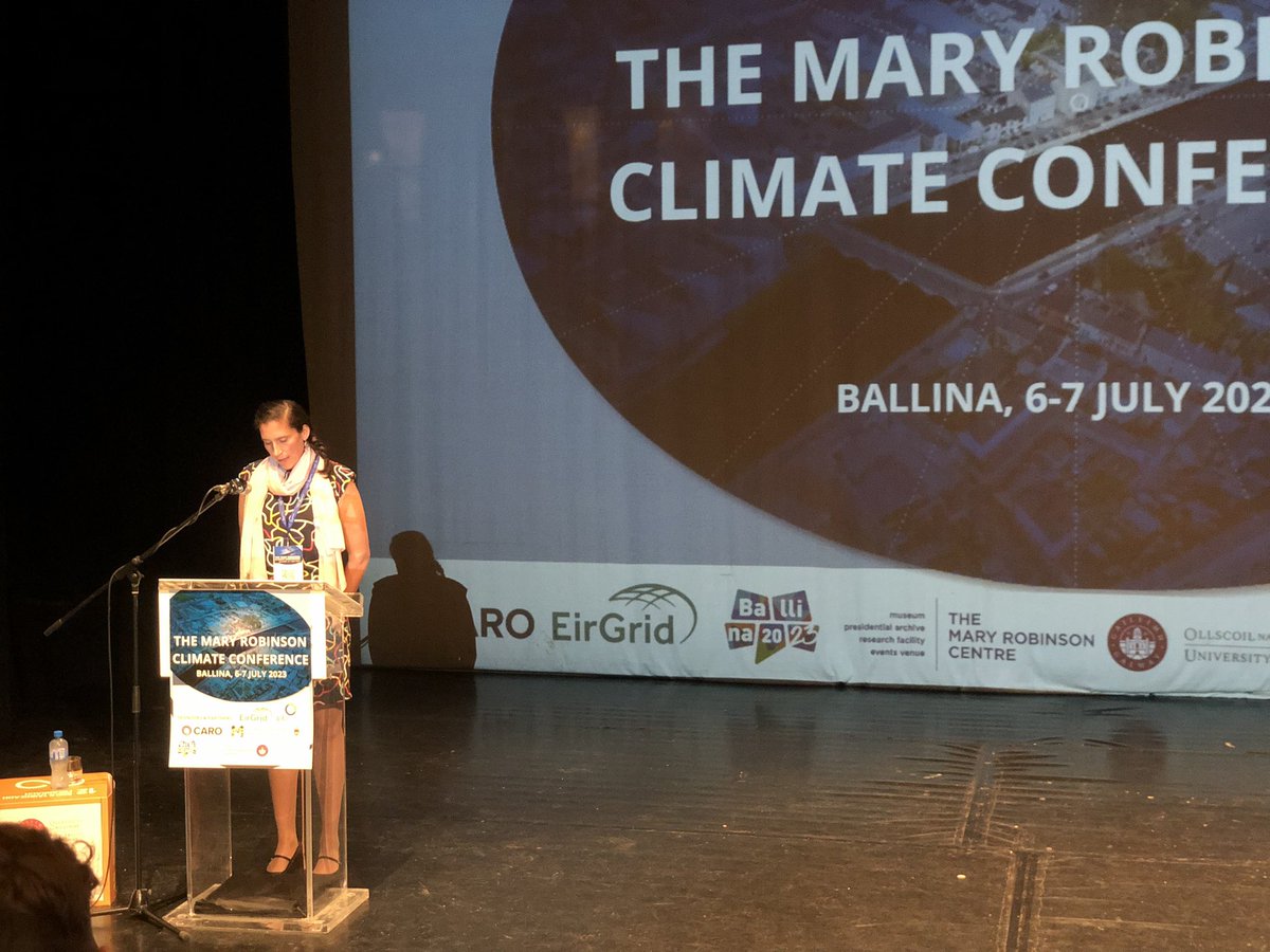 jcwexford's tweet photo. A very sobering question to kick off the Mary Robinson Climate Conference in @ballina2023: “What is the key tipping point that will make the world break from business as usual?”, Dr Audrey Morley from @uniofgalway. https://t.co/FsKaVfFBVn