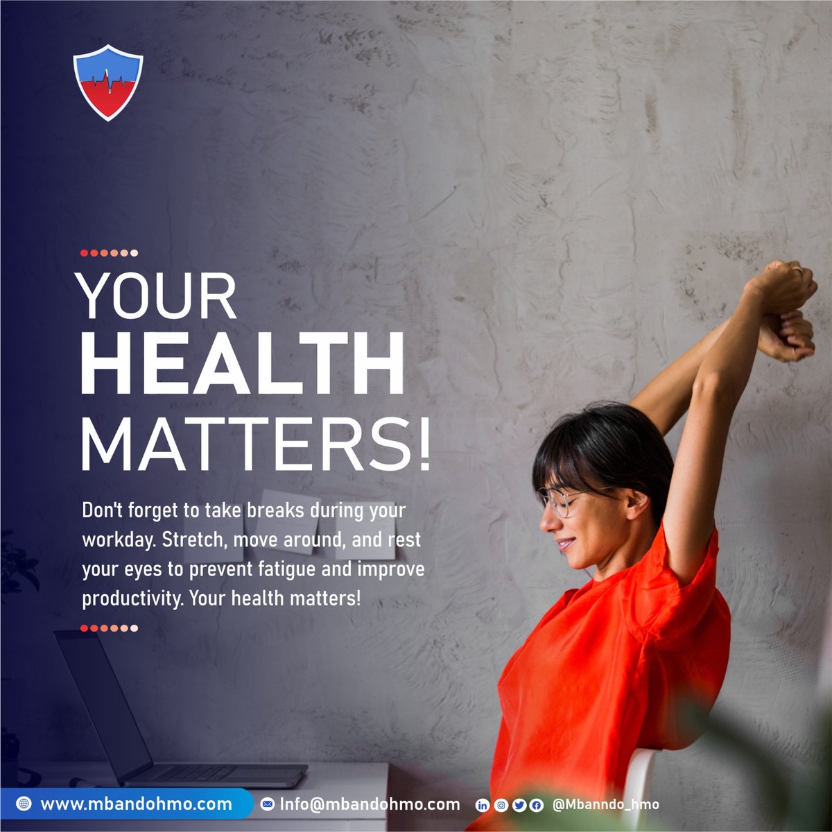 mbando_hmo's tweet photo. Don't forget to take breaks during your workday. Stretch, move around, and rest your eyes to prevent fatigue and improve productivity. Your health matters!
@josubele
#mbandohmo #mbandocare #healthcare #wellness #safetyprecaution #healthpromotion #infectionprevention https://t.co/yEgIKePu4h