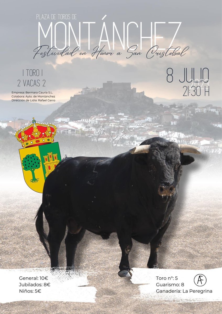🔔MONTANCHEZ🔔

📆Dia 8 JULIO a las 21:30 horas  
🐂 Comenzamos los festejos de 🏟️Plaza de Toros Montanchez con un tacazo de toro procedente la Ganaderia La Peregrina (Antigua propiedad maestro Antonio Ferrera), espectacular trapio y dos preciosas vacas de Valdefresno.🔝