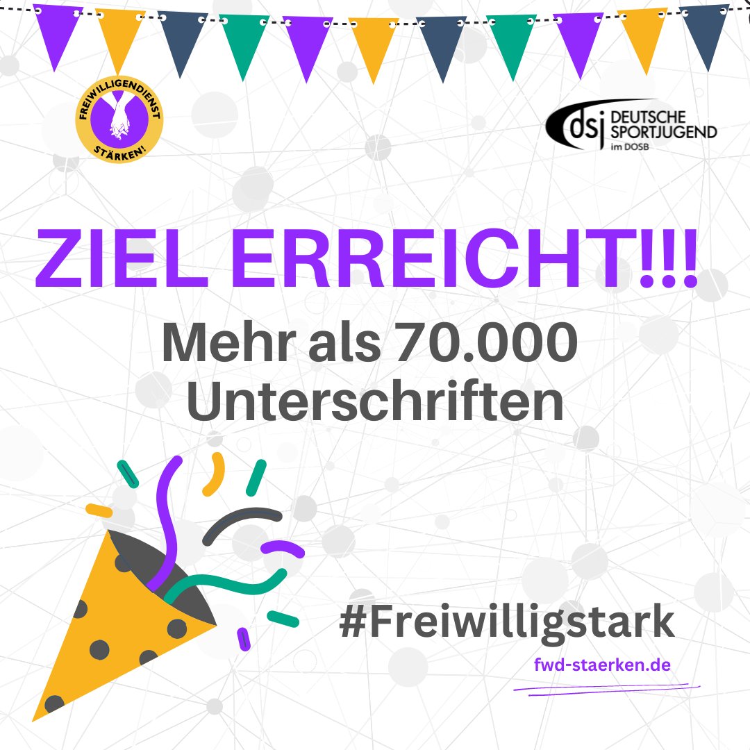 Mehr als 70.000 Unterschriften für die #Freiwilligendienste!
Die Petition #FWDstaerken läuft eigentlich heute noch bis um 23:59 Uhr – aber schon jetzt wurde das Quorum übertroffen! 
Vielen Dank an alle die unterschrieben haben! <a href="/fwdstaerken/">Freiwilligendienst stärken!</a> #FreiwilligStark